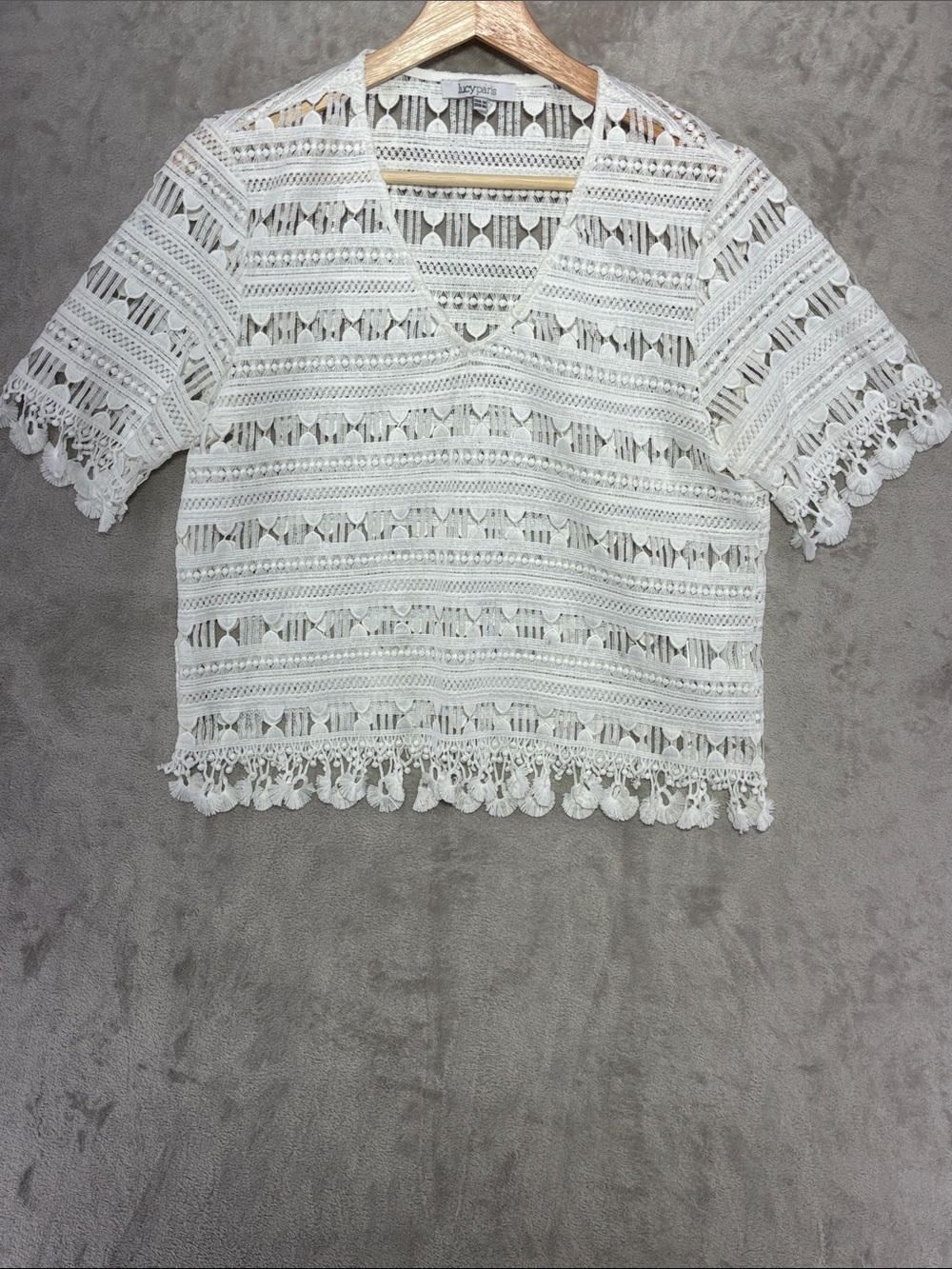 Lucy Paris White Crochet V-Neck Lace Top Size M